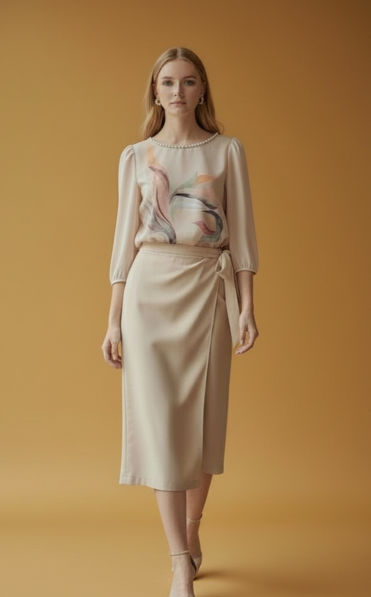 Blusa Viscose com Estampa Abstrata e Gola de Pérolas