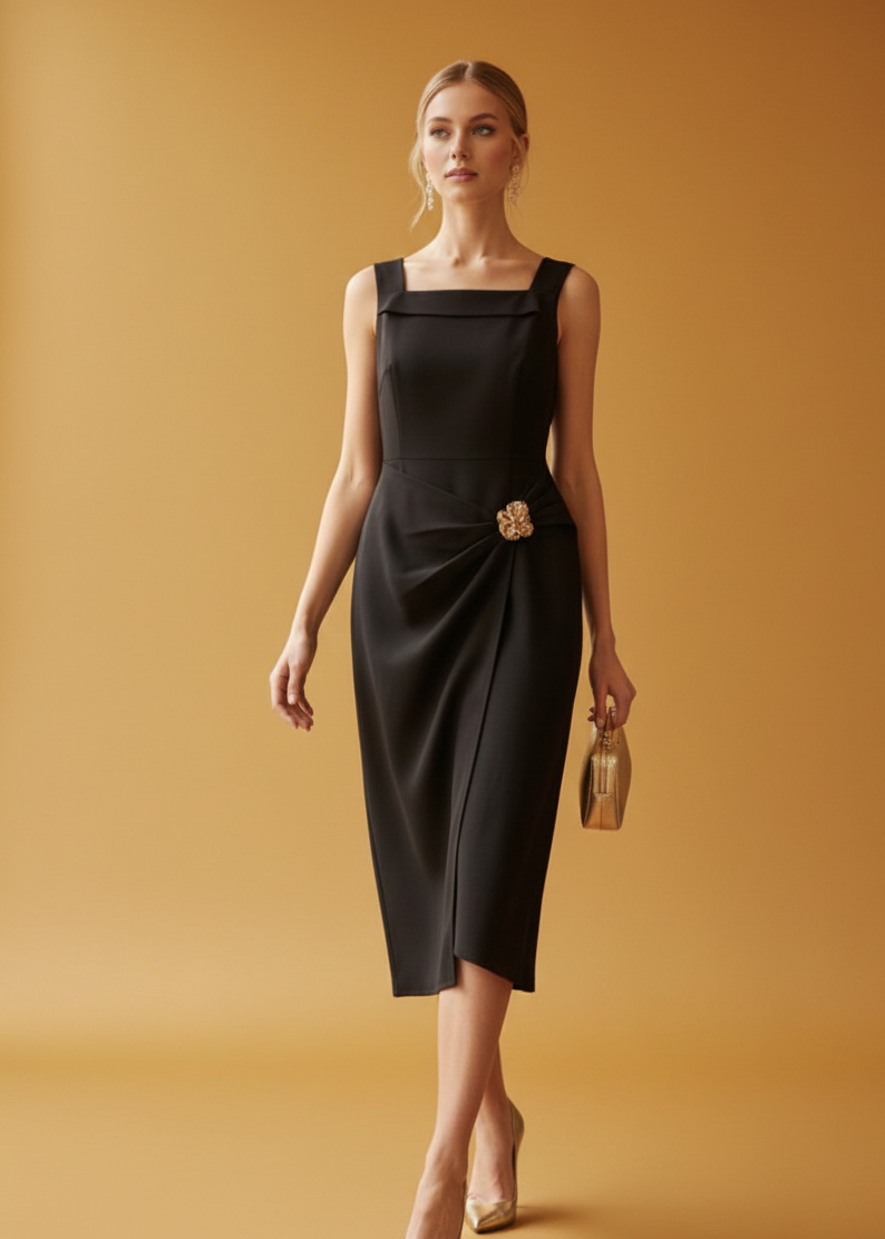 Vestido Midi de Crepe com Fivela Detalhada