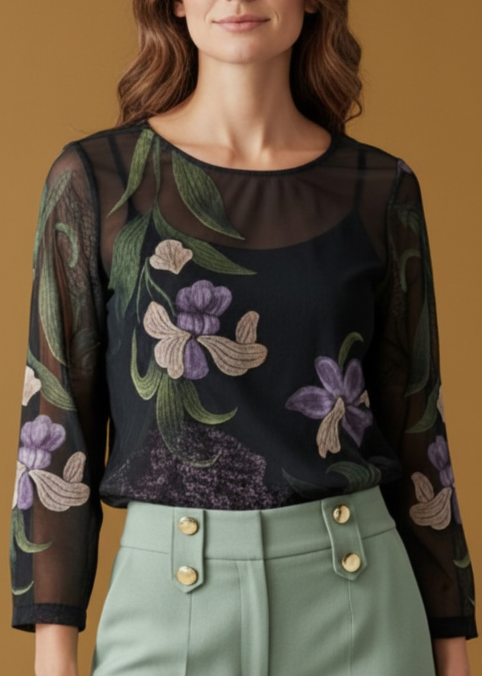 Blusa Tule Estampa Floral Dark