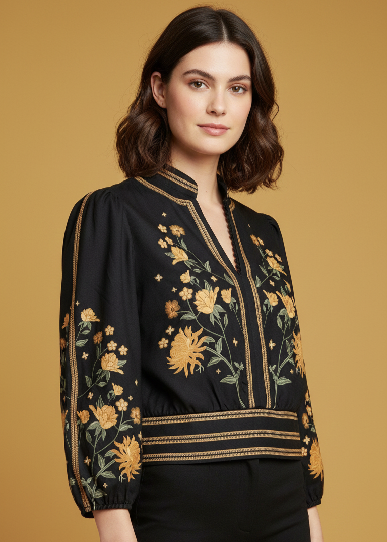 Blusa Feminina Preta Bordada com Flores