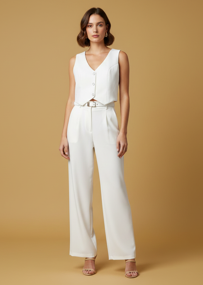 Conjunto Off-White Colete e Calça Pantalona