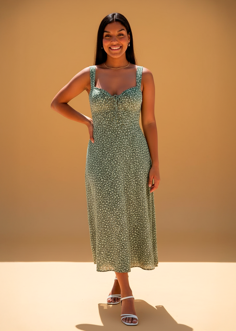 Vestido Midi Floral Verde Oliva